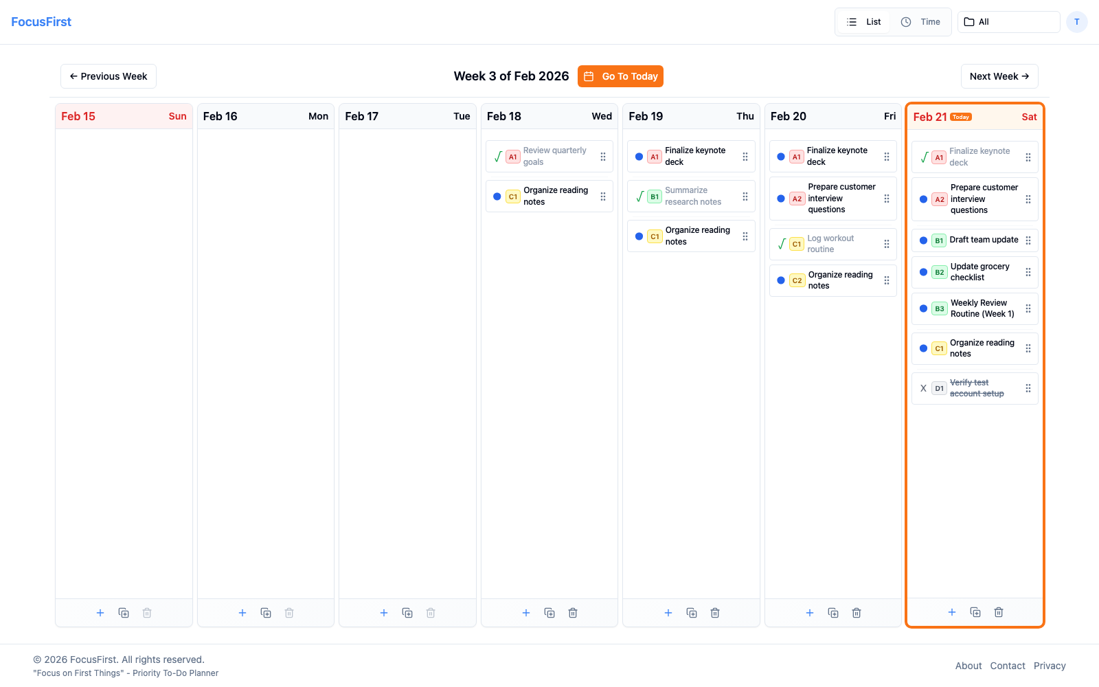 Weekly view representing the FocusFirst execution loop