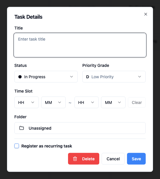 Task detail modal for create/edit