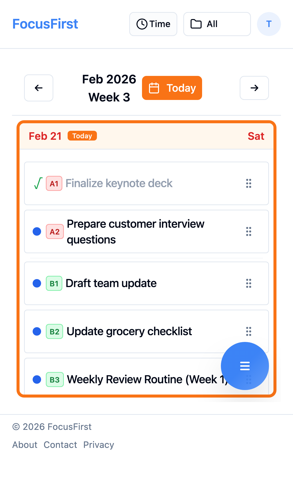 Daily mobile list showing completion status